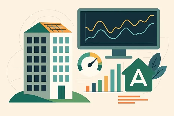 Illustration of a modern building with energy efficiency charts and AI-powered monitoring graphics.