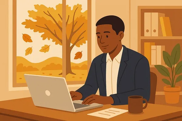 Professional man working on a laptop in an office with autumn leaves outside the window.