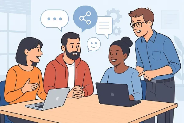 A diverse group of colleagues collaborating at a table with laptops, discussing ideas and smiling in a modern office setting.