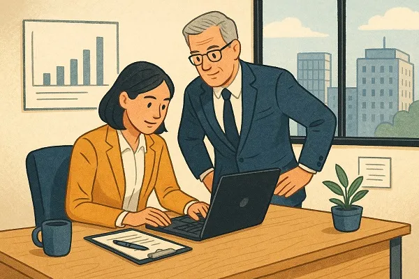 Professional woman gaining hands-on experience while working under the guidance of a mentor in a modern office.
