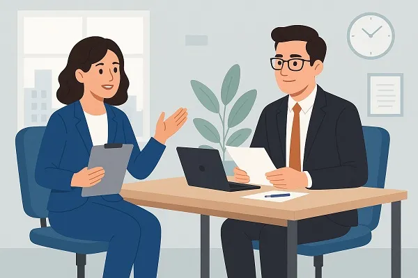 A confident job candidate speaking with a recruiter during an interview in a modern office setting.