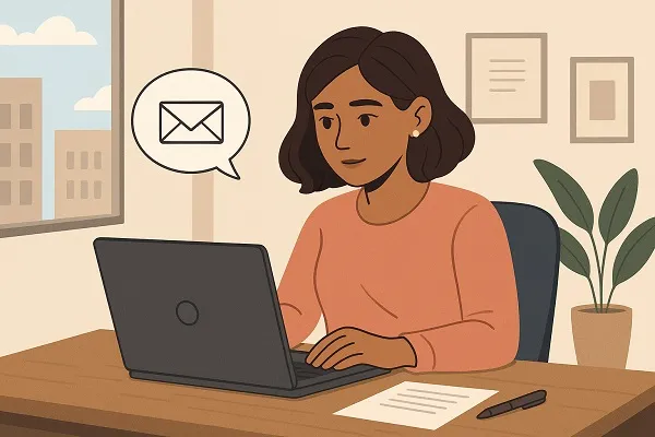 A job seeker typing an email on a laptop in a bright modern office.