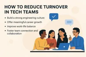 A diverse team of software developers collaborating at a desk with laptops and dialogue icons, symbolizing teamwork and retention in tech teams.