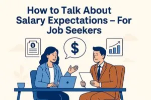 A professional job interview scene showing a confident job seeker discussing salary expectations with a recruiter across a desk.
