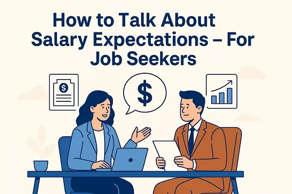 A professional job interview scene showing a confident job seeker discussing salary expectations with a recruiter across a desk.