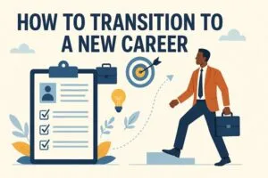 Professional confidently stepping forward with a briefcase beside a career checklist and target symbolizing career transition success.