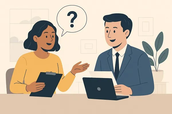 Illustration of a hiring manager interviewing an employee in a professional office setting.