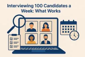 Recruiters conducting virtual interviews using digital tools and organized schedules for efficient candidate management.