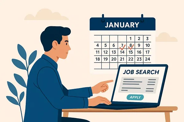 Person using a laptop to apply for jobs with a January calendar in the background.
