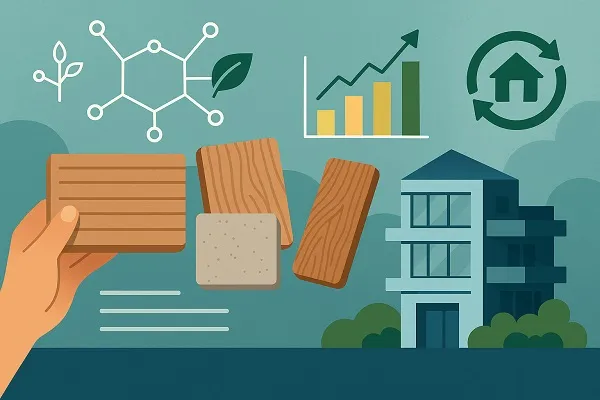 Illustration of sustainable building materials and AI-driven lifecycle optimization for eco-friendly architecture.