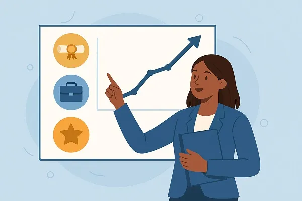 A professional woman presenting a rising chart that represents achievement and professional growth in the workplace.
