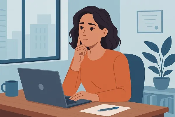 Professional woman sitting thoughtfully at her desk, reflecting while working on a laptop in a calm office setting.