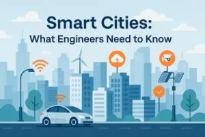 Smart city skyline featuring connected buildings, renewable energy systems, and autonomous transportation.