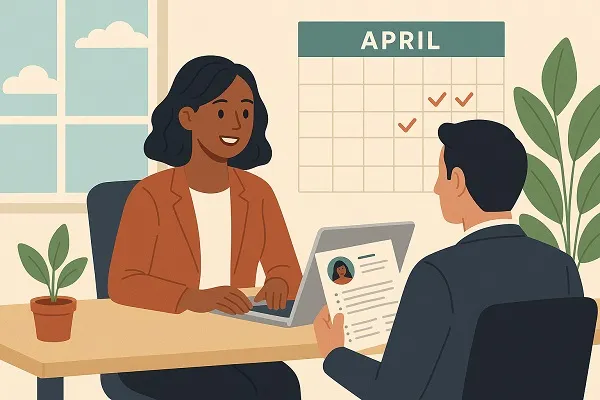 Woman in an interview during spring with plants and a bright window in the background.