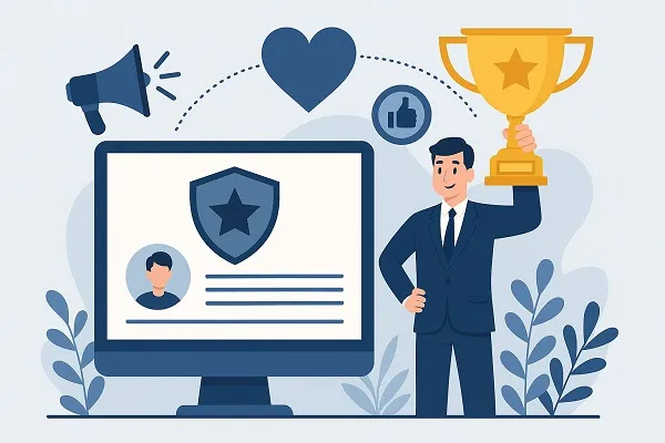 Illustration of a business professional holding a trophy beside a computer displaying brand icons, symbolizing strong employer reputation.