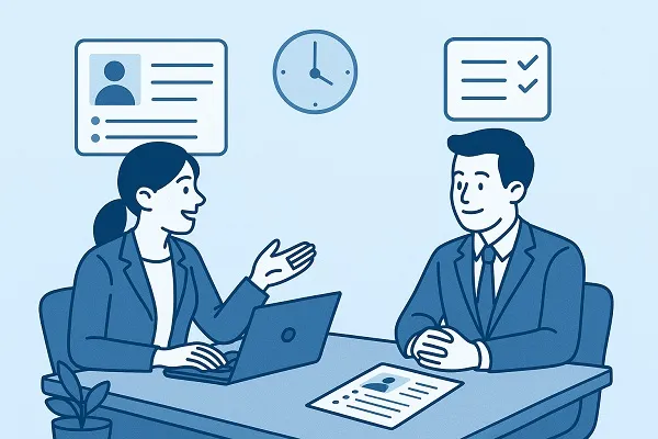 Interviewer and candidate engaged in a structured, organized job interview in a professional office setting.