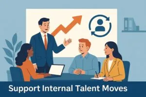 Illustration of a hiring manager meeting with employees, discussing growth and internal mobility opportunities.