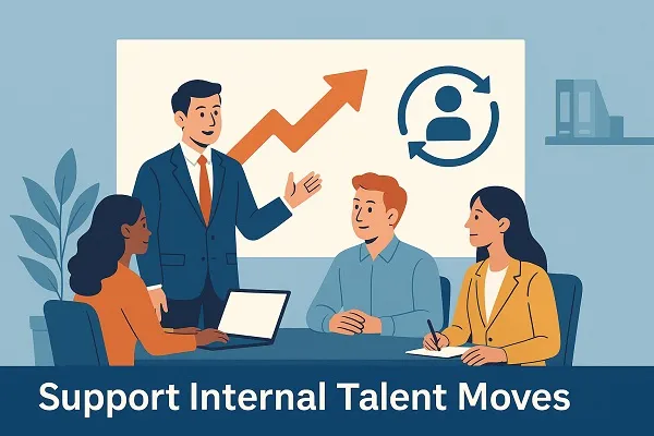 Illustration of a hiring manager meeting with employees, discussing growth and internal mobility opportunities.