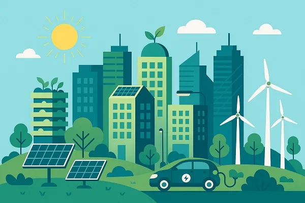 Sustainable city with solar panels, wind turbines, green buildings, and an electric car.