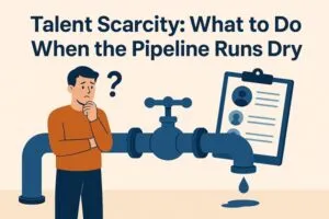 Illustration of a recruiter puzzled beside an empty pipeline and a clipboard with resumes, symbolizing hiring challenges and talent scarcity.