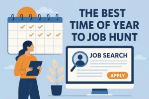 Person planning a job search with a calendar and computer screen showing job listings and an apply button.