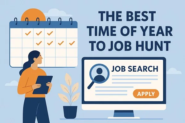 Person planning a job search with a calendar and computer screen showing job listings and an apply button.