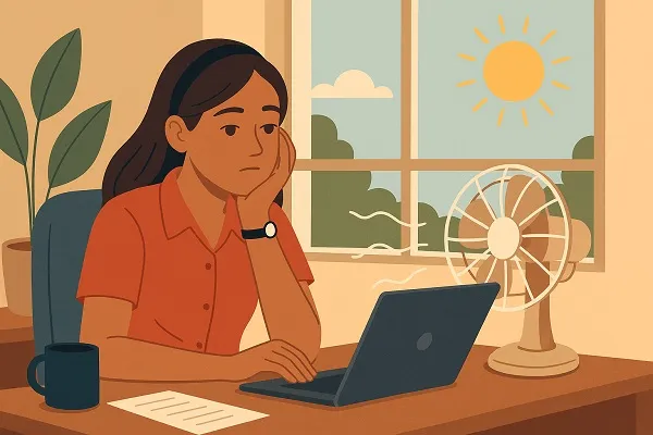 Person sitting at a desk in summer heat with a fan running while looking at a laptop.