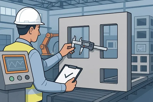 Engineer inspecting a prefabricated wall panel with a caliper in a modern factory while robotic machinery operates nearby.