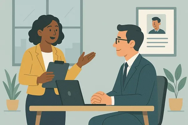 Illustration of a hiring discussion in a modern office, with a woman holding a clipboard speaking to a seated man at a desk with a laptop.