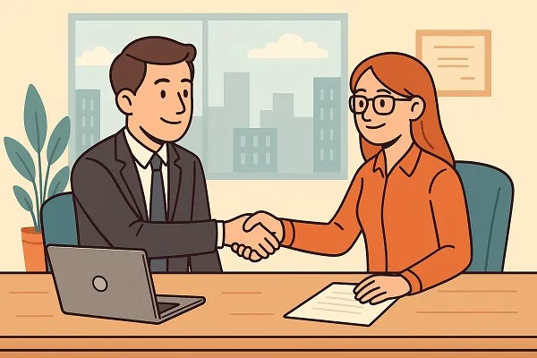 Two professionals shaking hands in an office, symbolizing opportunity and trust in fair hiring practices.