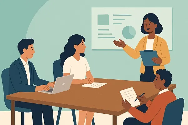 Illustration of a team sitting around a meeting table while a colleague leads a discussion using a clipboard and presentation board.