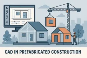 Digital illustration showing engineers using CAD for prefabricated construction with modular building components and a crane assembling structures.