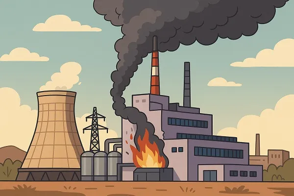 Cartoon illustration of a damaged nuclear facility with fire and heavy smoke rising from one of the structures.