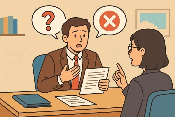 Two office workers discussing hiring documents, representing clarification of misconceptions about fair hiring laws.