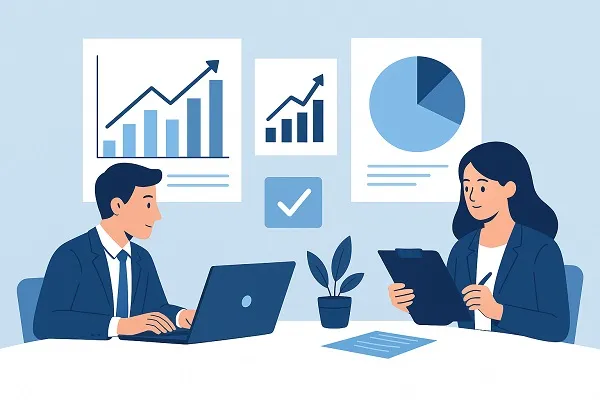 Recruiters analyzing charts and performance data on laptops to evaluate hiring metrics.