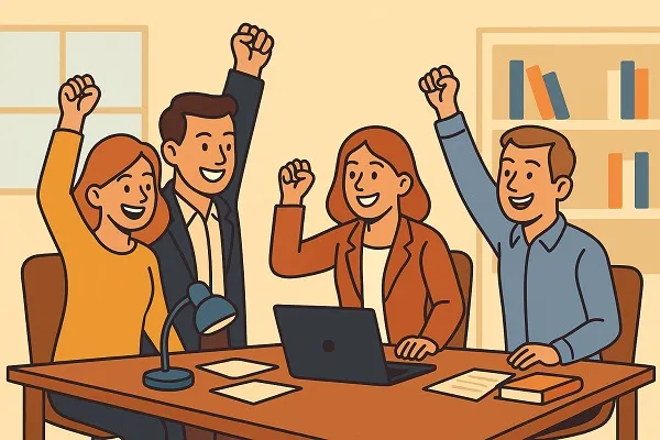 A group of coworkers celebrating success in an office, symbolizing teamwork and inclusion.