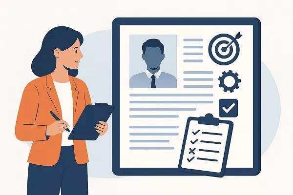 Illustration of a professional reviewing a candidate profile while holding a clipboard and evaluating key qualities.