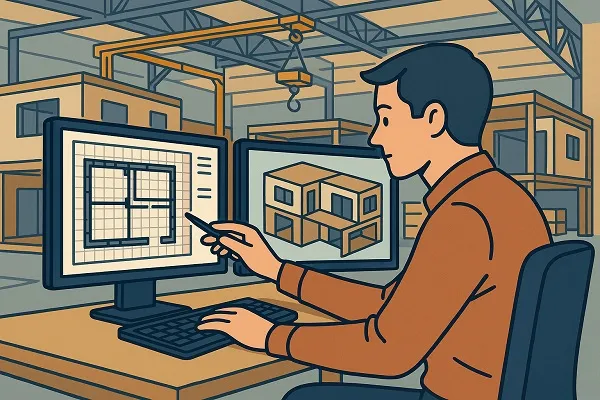 Cartoon illustration of an architect designing modular prefab structures using dual CAD monitors in a workshop.