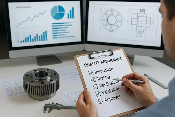 An engineer examining a machined component while reviewing data charts and technical drawings during a quality assurance process.