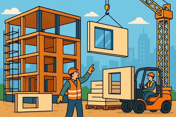 Illustration of construction workers assembling prefabricated building modules with a crane and forklift on-site.