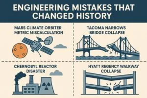 Infographic showing major historical engineering failures including a spacecraft mistake, bridge collapse, nuclear plant disaster, and structural walkway failure.