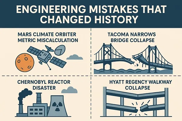 Infographic showing major historical engineering failures including a spacecraft mistake, bridge collapse, nuclear plant disaster, and structural walkway failure.