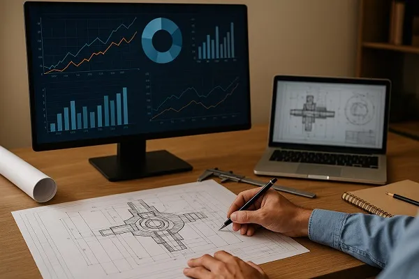 An engineer reviewing a mechanical blueprint while monitoring data charts and design visuals on nearby screens.