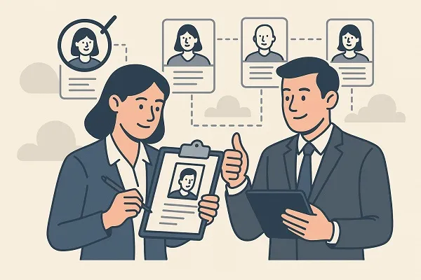 Recruiters reviewing resumes and discussing top candidates, focusing on quality hiring decisions.