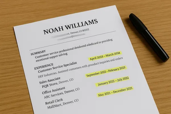 A printed resume placed on a wooden surface, showing sections for summary and experience. Several short-term job dates in the experience section are highlighted in yellow.
