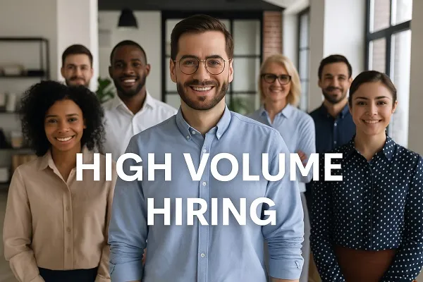 Diverse group of professionals standing together in an office, representing high-volume hiring services by Tier2Tek Staffing.