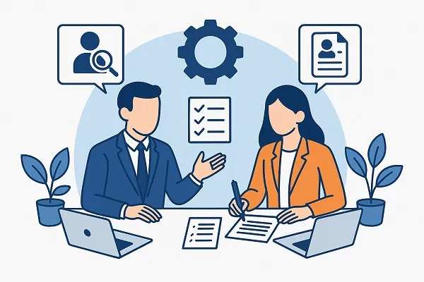 Illustration of a recruiter and hiring manager working together at a table with laptops, documents, and icons representing hiring tasks.