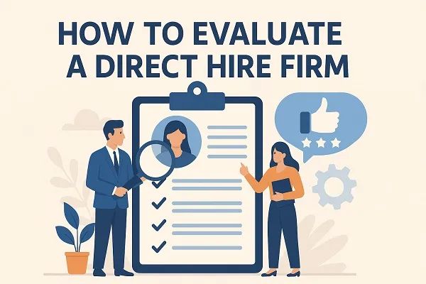 Two professionals evaluating resumes on a clipboard, representing the process of assessing a direct hire firm.