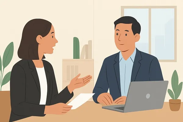Illustration of two professionals in an office discussing hiring strategies, with one person speaking and the other working on a laptop.