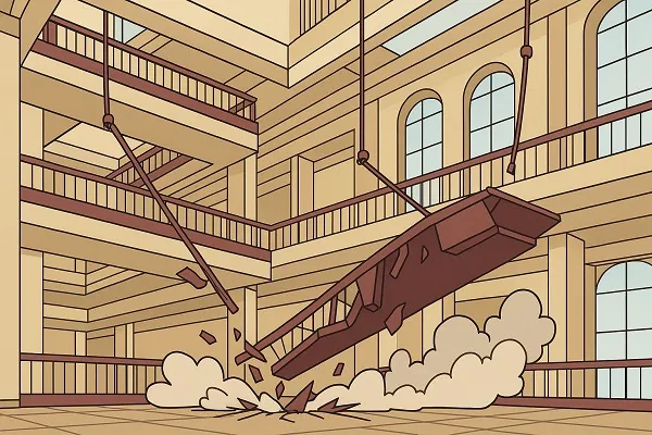 Cartoon illustration of an indoor suspended walkway breaking apart and falling, with dust and debris on the lower floor.